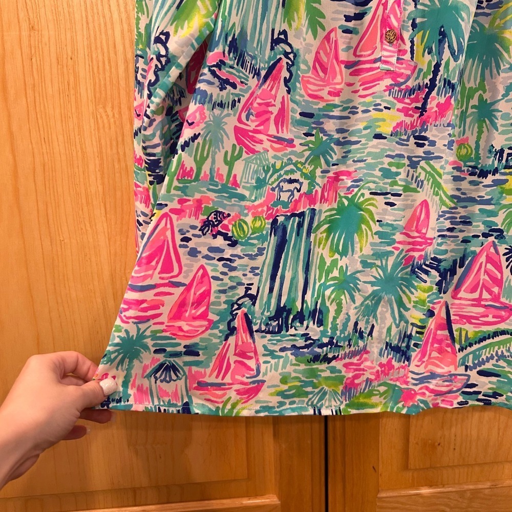 Lilly Pulitzer XS Silk Tunic Top Sailboat Palm Print Long Sleeve Blouse - Picture 6 of 10